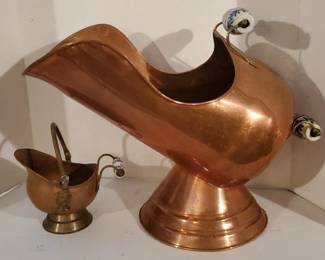 Vintage Pair Copper Coal Ash Scuttle Buckets, Delft Handles