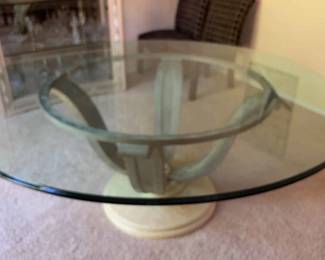 6ft Round Glass Top Dining Table with Wooden Base