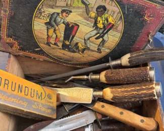 Variety of Knives and Sharpening Stone with Vintage Box