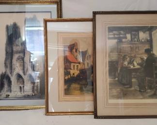 French Cathedral, European Village Signed Print 