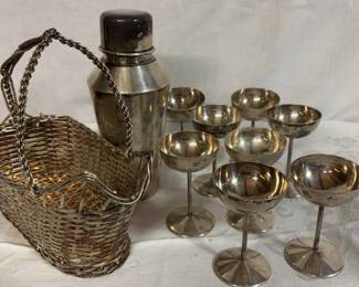 Silver Plated Barware And Basket