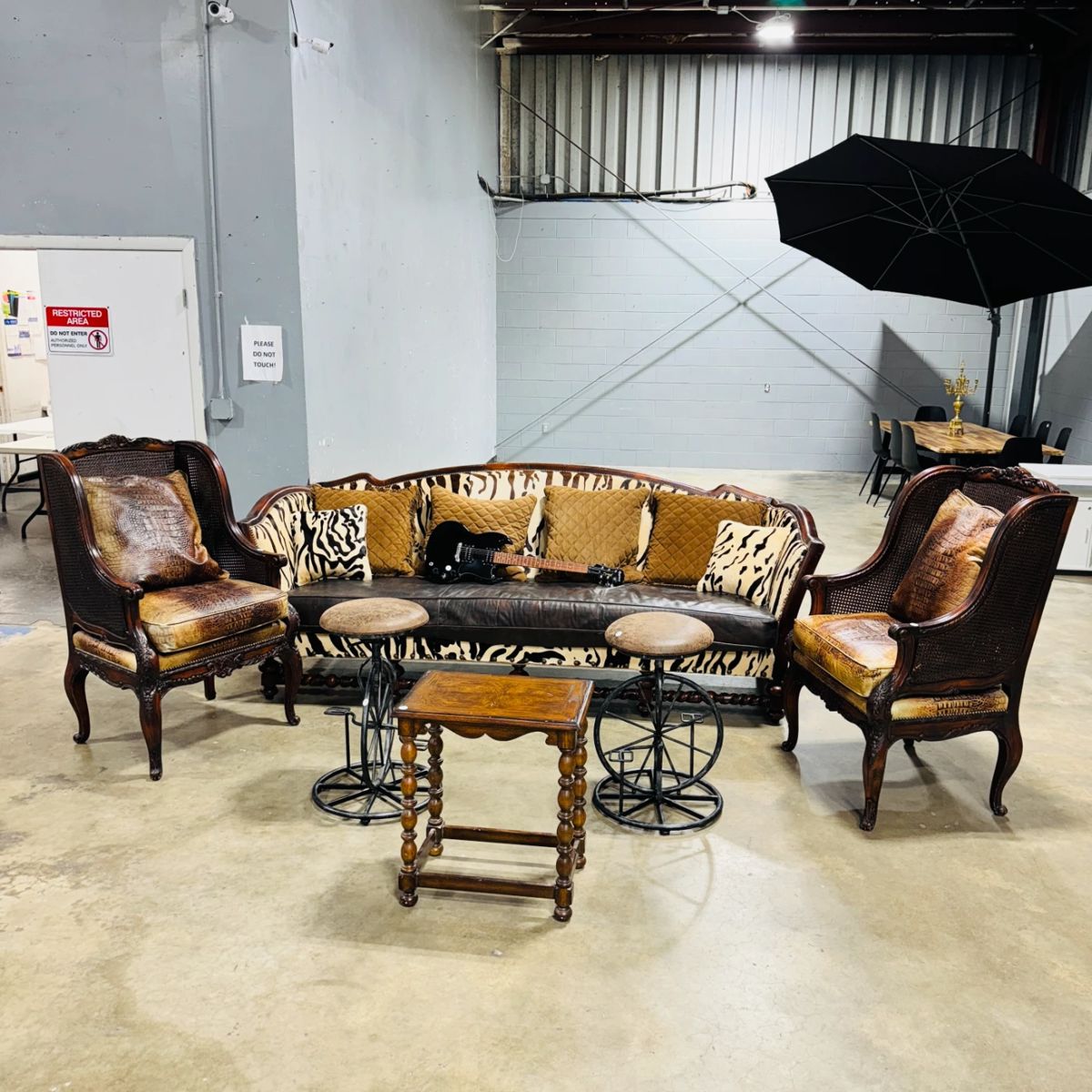Old Hickory Tannery Chocolate Zebra Leather Sofa and Chairs, Stools and Side Table Orlando Estate Auction