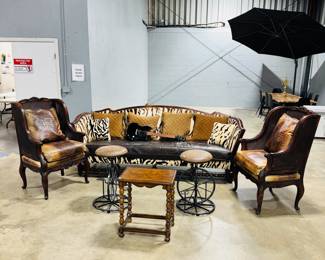 Old Hickory Tannery Chocolate Zebra Leather Sofa and Chairs, Stools and Side Table Orlando Estate Auction