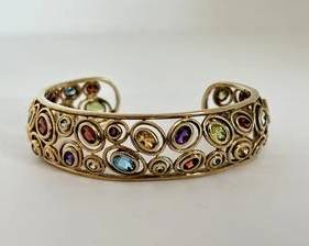 Sterling Silver with Gold Overlay with Semi Precious Stones (Amethyst, Citrine, Topaz, Garnet & Peridot) Wide Cuff Bracelet (27.3 Grams)