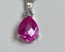 10K White gold with Faceted Pink Gemstone & Diamond Accents Pendant Necklace - 18" (2.1 Grams)