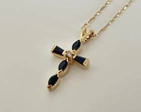 14K Gold with Sapphires & Diamond Accent Cross Pendant Necklace - 18" (2.2 Grams)