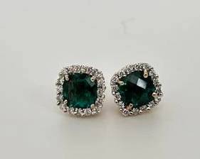 14K Gold with Faceted Green Stones & Diamonds Earrings (2.5 Grams)