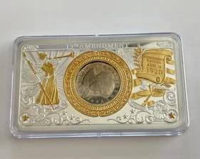 Silver and Gold Plated Bar Commemorating the 19th Amendment to the Constitution to Provide for All Citizens Right to Vote. Susan B Anthony Dollar in Bar