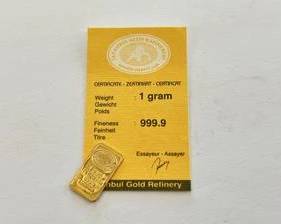 Certified 1 Gram 999.9 Pure Gold Bar Istanbul Gold Refinery