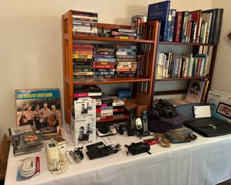 Vintage electronics, VHS, DVDs, LPs, and books