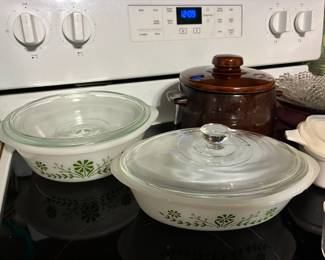 Vintage Glasbake green daisy casserole dishes