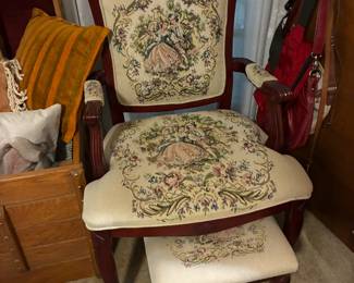 Embroidered chair with footstool