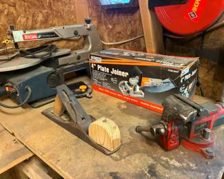 Scroll saw, plate joiner, hand plane, and bench vise