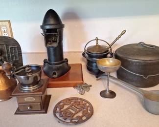 Primitive Metal Pieces, Smudge Pot, Cast Iron Kettle And Ladle