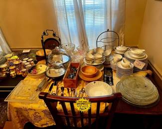 Dining table with dishes & more