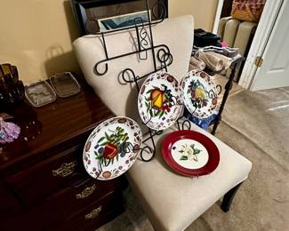 Occasional chair in light color, plates & rack, and more