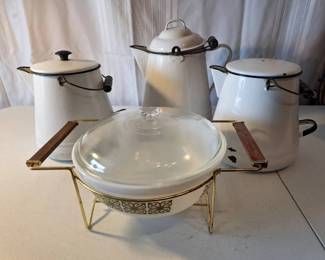 Pyrex Serving Bowl With Lid And Holder, 3 Vintage Enamelware Pitchers and Coffee Pot
