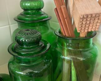 Set of 3 Mid Century Emerald Green Glass Apothecary Jars
