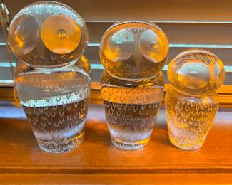 Set of 3 - 1960's Kosta Boda Lindstrand Glass Owl Paperweights