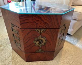 Asian Style Octagonal Wooden Cabinet with Lacquered Lotus & Crane Design