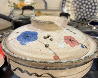 Cream Stoneware Lidded Casserole Dish with Floral Design