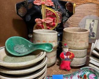 Set of 5 Cream Ceramic Shallow Dipping Bowls, Green Ceramic Spoon Rest