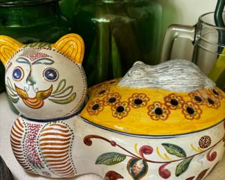 Hand Painted Majolica Cat and Mouse Cookie Jar - Made in Portugal