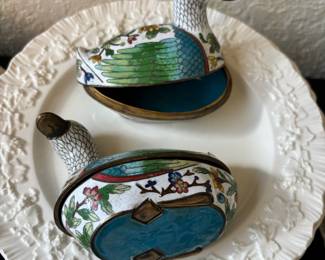 Pair of Cloisonné Duck Figural Trinket Boxes