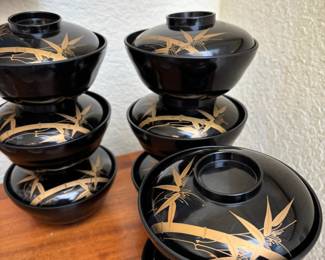 Japanese Black & Gold Lacquerware Lidded Rice Bowls