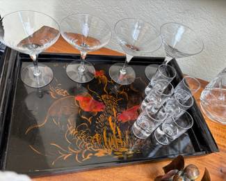 Asian Lacquered Tray with Goldfish Design