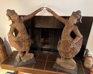 Pair of Wood Carved Thai Dancer Sculptures