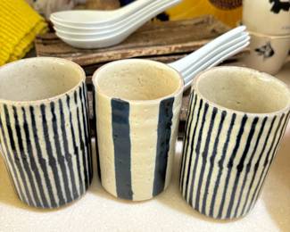 Set of 3 Japanese Style Striped Ceramic Tea Cups