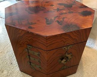 Asian Style Octagonal Wooden Cabinet with Lacquered Lotus & Crane Design