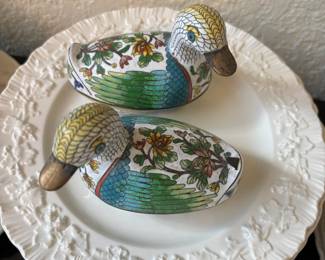Pair of Cloisonné Duck Figural Trinket Boxes
