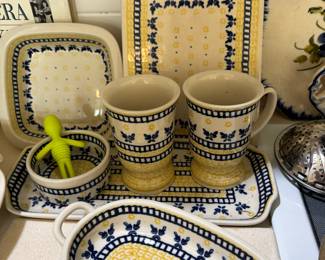 Ceramika Artystyczna Polish Pottery Baking Dishes, Cutting Board, Pair of Mugs, Dipping Bowl, Platter