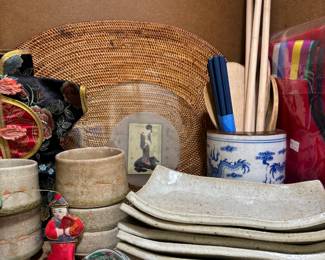Set of 4 Tan Ceramic Sake Cups, Set of 6 Cream Stoneware Sushi Plates