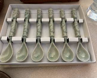 Set of 6 Green Ceramic Asian Figural Tea Spoons