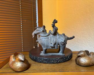 Stoneware Korean Warrior Riding Horse Figurine, Pair of Japanese Gold Tone Cast Iron Mandarin Duck Screen Holders