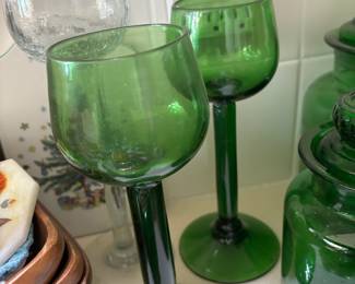 Large Stem Green Blown Glass Wine Goblets