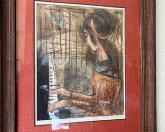 Framed & Matted Lithograph "Pianiste" by Etienne Ret