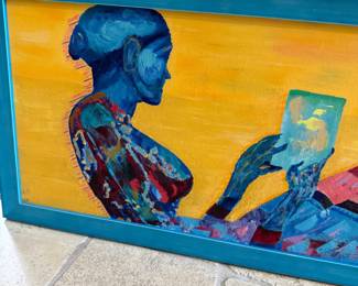 Diary reading 38 x14  in a blue frame original oil on canvas by Keith Rathbun Price $3,000
