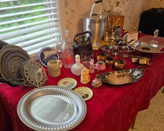 Assorted Vintage Dining & Entertainment Ware including MCM Aluminum Ice Bucket; Vintage Corning Warmer; Large Glass Tray with Center Handle; Hobnail Bottle with Stopper; Pewter; Copper Pieces and so much more