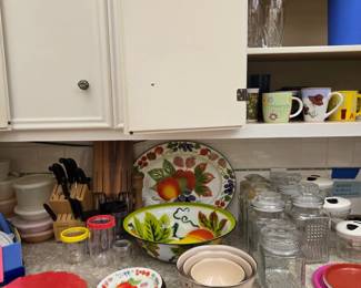 Hand Painted Enamelware Serving Dishes; Set of Enamel Mixing Bowls; Knives & Knife Blocks; Glass Containers and much more