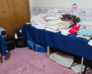 Large Assortment of Linens & Textiles: Bed Sheets & Pillowcases; Aprons, Hand Towels; Eden Pure Heaters and much more