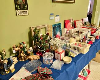 Loads of Christmas & Holiday Decor: Vintage Tablecloth; Handpainted Ceramic Nativity; Candles and much more