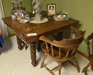 Antique Tiger Oak Dining Table Handcrafted by Grandfather over 100 years ago; Maple Dining Chairs; Decorative Horse (on table); Tree Ornaments; and other Decorative Tableware