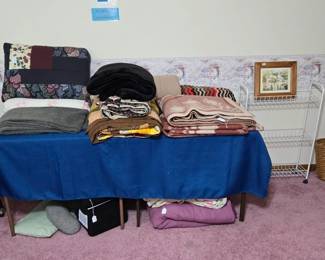 Large Assortment of Linens & Textiles: Orr Health Wool Blanket; Misc Blankets; Pillows; Wire Racks on Wheels and much more