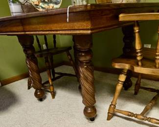 Antique Tiger Oak Dining Table Handcrafted by Grandfather over 100 years ago; Maple Dining Chairs;