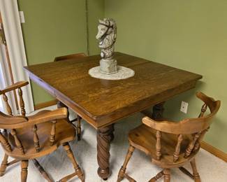 Antique Tiger Oak Dining Table Handcrafted by Grandfather; Maple Dining Chairs; Decorative Horse (on table)