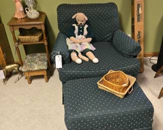 Blue Upholstered Casual Chair with Matching Footstool; Vintage Crocheted Doll; Ceramic Figurines; Side Table; Small Upholstered Foot Stool; Vintage Da-Lite Projector Screen in Box and much more